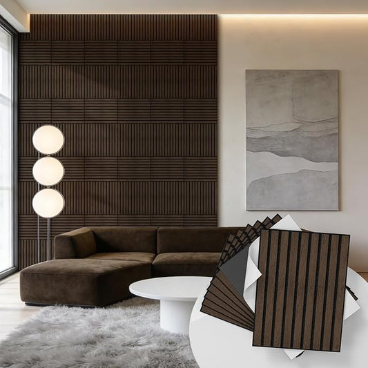 WADILE 24 Pack Self Adhesive Acoustic Wall Panels in Wood Look 11.8"x15.7" | Soundproofing PVC Slats on Felt, Decorative Wall Panels for Living Room & Bedroom Accent Wall by WADILE