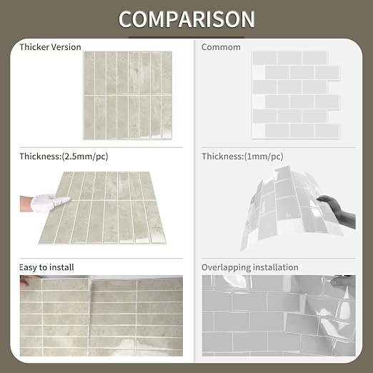 10 Sheets Upgraded Thicker Design Subway Tile Peel and Stick Backsplash | 12”×12”Self Adhesive Wall Tiles Stick on Back Splash for Kitchen,Bathroom,Camper(Beige) - Image 5