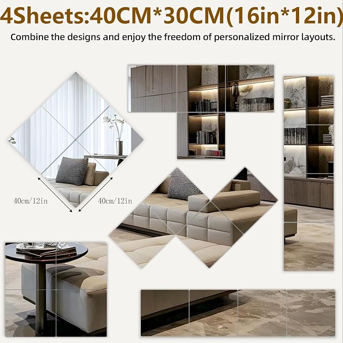 Stick on Small Mirror for Wall Decor, Plastic Non Glass Sticky Kids Safety Toddler Mirrors, 4 Pack 16”x12” Acrylic Mirror Tiles, Shatterproof Mirrors Sheet for Bedroom Closet，Gym Body Mirror's - Image 4