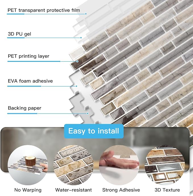 Art3d Linear Tile Peel and Stick Backsplash, 10-Pack, Vintage Sandstone | 12 x 12 Inch, Enhanced Thickness, Warp Resistant, Strong Adhesion, Sturdy, for Kitchen, Bedroom, Ideal for Home Improvement - Image 6
