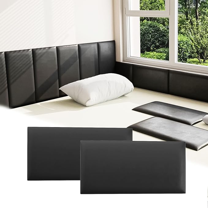 Anti Collision Wall Padding for Kids, Upholstered 3D Wall Panels | 4 Packs 7.8''x15.7'' Peel and Stick Headboard, Self Adhesive Wall Pads for Kids, Bedroom, Living Room, Black by Umedol