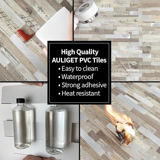AULIGET 20 Sheets Peel and Stick Backsplash, Beige Wood Look PVC Mixed Metal Stick on Backsplash Tiles for Kitchen - Image 5