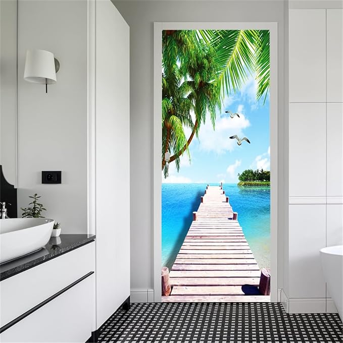 artfanke 3D Door Sticker Peel and Stick 30.3"x78.7"- Self-Adhesive Door Murals Wallpaper- Wooden Bridge Seascape Wall Decals Waterproof for Bedroom Decor (2 Sheets/Set) - Image 5