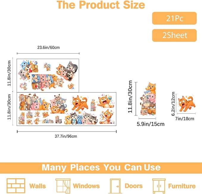PLIGREAT 21 Pcs Cartoon Cat Wall Stickers, Cute Animal Wall Decals for Door Peel and Stick Vinyl Cats Switch Stickers for Nursery Bedroom Living Room Bathroom Home Door Corner Decor - Image 3