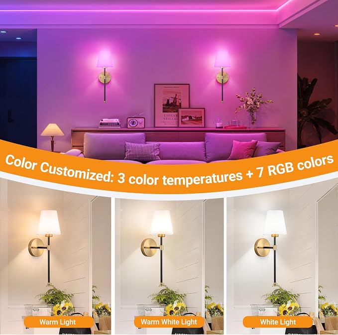 Nekhung Battery Operated Wall Sconces Set of 2, Wireless Wall Light with 10000mAh RGB Dimmable Magnetic Bulb, Rechargeable Wall Sconce with Remote Control for Bedroom Living Room - Image 3