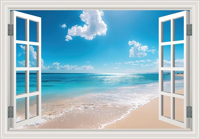 Fake Window Poster Wall Art Sticker - Summer Beach Faux Window Wall Mural for Wall Decor, Stick and Peel Wall Decals, 24" x 16" by Unknown
