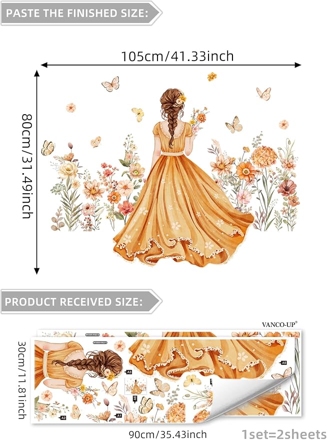Butterfly Girl Wall Stickers - Orange Flower Fairy Garden Wall Decal Peel& Stick Removable Waterproof Vinyl Wall Decoration for Girl Bedroom Living Room,80 cm x 150 cm - Image 8