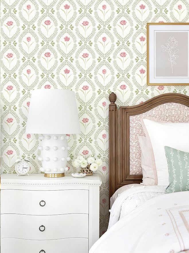 Orainege Peel and Stick Wallpaper Green Pink Floral Wallpaper | 16.9in x196.8in Leaf Contact Paper Vinyl Waterproof Self Adhesive Boho Botanical Wallpapers for Bedroom Living Room Decor - Image 4