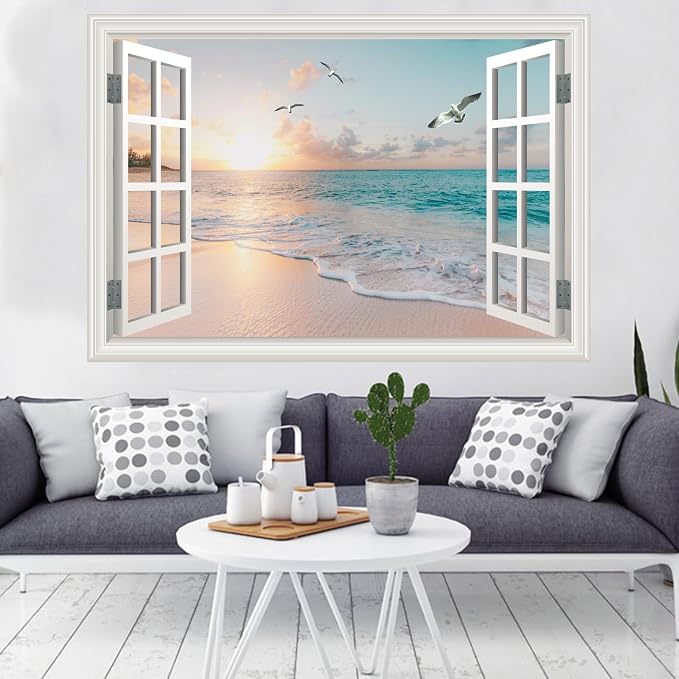 Large Murals 66"x48" Fake Window Wall Decal Summer Beach Seascape Faux Window Sticker Office Poster Picture Art Decor，Stick and Peel Natural Scenery Landscape Coastal Ocean Scene Mural ﻿ - Image 7
