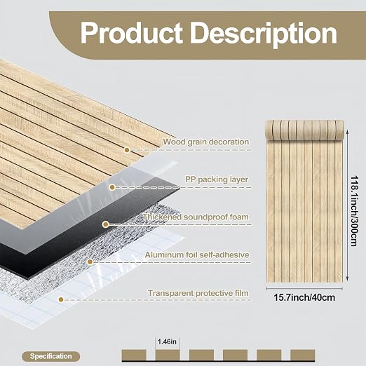 Thick Wood Slat Wall Panels, Modern 3D Peel and Stick, 15.75"x118" Self-Adhesive Accent Wall with Sound Dampening for TV Wall and Ceiling, Bedroom, Home Office, Log Color, 13 Sq Ft - Image 4