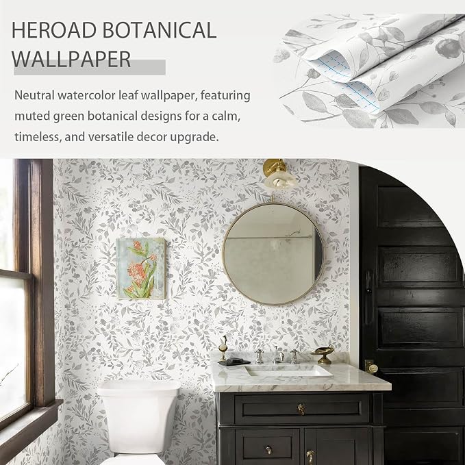 Heroad Grey Peel and Stick Wallpaper Botanical Leaf Contact Paper 17.3''x196'' Vintage Watercolor Neutral Wall Paper Self Adhesive Removable Wallpaper for Bathroom Bedroom Farmhouse Decor Vinyl Roll - Image 4