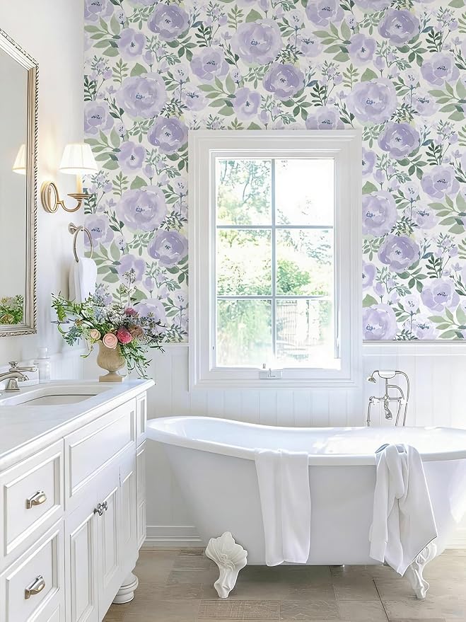 Orainege Peony Floral Wallpaper Peel and Stick Wallpaper Self Adhesive | 16.9in x118.1in Floral Contact Paper Boho Peony Removable Wall paper for Bedroom Living Room Decor Vinyl, Purple - Image 4
