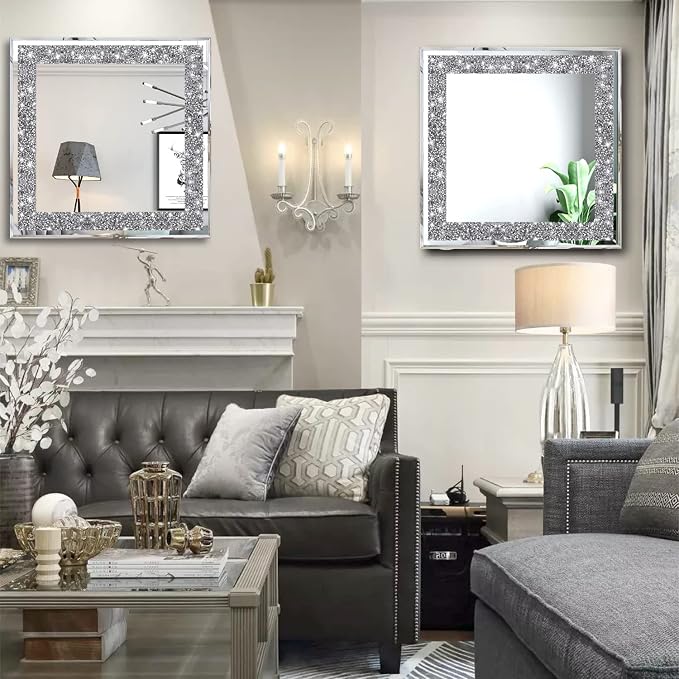 2 Piece Wall Mirrors, Crush Diamond Mirrors Decor, Silver Decorative for Living Room Bedroom, Bathroom. (12”x12”) - Image 5