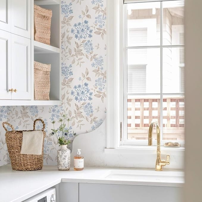 Heroad Boho Floral Wallpaper Blue/Beige Peel and Stick Wallpaper Neutral Leaf Contact Paper Removable Self Adhesive Wall Paper for Cabinet Bedroom Bathroom Waterproof Decor Vinyl Roll 17.3''x78.7'' - Image 2