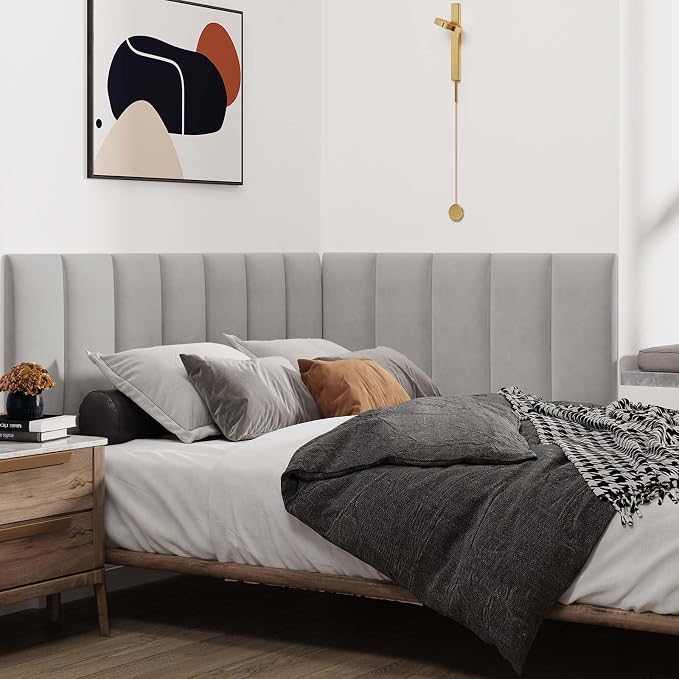 IFNOW Wall Mounted Headboard, Peel and Stick Panels, Light Grey, Queen | Upholstered 3D Soundproof Acoustic Panels, Reusable and Removable, Padded Leather Bed Headboard, 9 Panels, 9.84" x 23.62" - Image 4