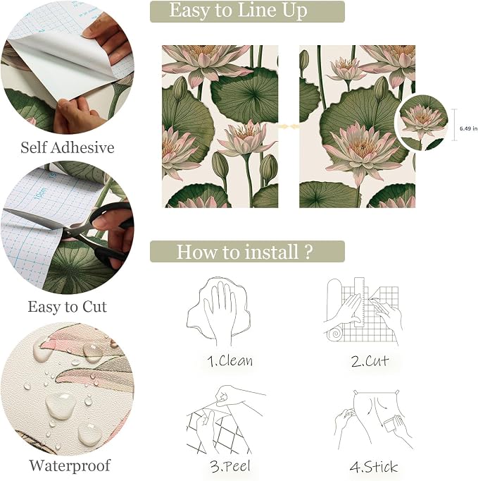 Orainege Floral Wallpaper Peel and Stick Floral Contact Paper Boho | 16.9inx118.1in Lotus Flower Wallpaper Removable Self Adhesive Wall Paper for Bedroom Cabinets Decorative - Image 4