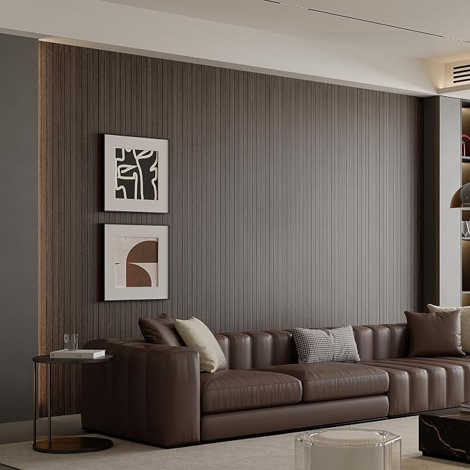 Yutianli PVC Slat Wall Panel Peel and Stick 236"x 15.7" Faux Wood Slat Panel Artificial Smoked Wood Grain Self-Adhesive Soundproof 3D Wall Panel for Walls and Ceilings - Image 2