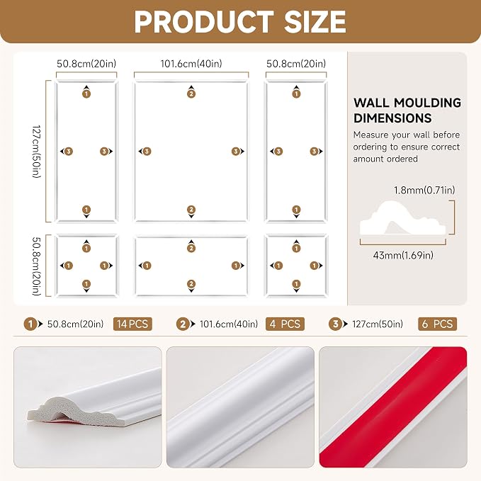 INMOZATA Pre-Cut Peel and Stick Wall Molding, 50" x 20",50" x 40" | Strong Adhesive, Paintable, Easy to Install, Wainscoting Panel for Interior Wall Decor Living Room Bedroom Hallway - Image 5