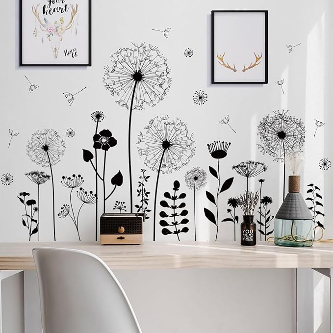 Black Dandelion Wall Decals Peel and Stick - Large Floral Wall Art Stickers with Flying Flowers, Boho Vintage Removable Vinyl Decor for Bedroom Living Room Nursery Bathroom - Image 6