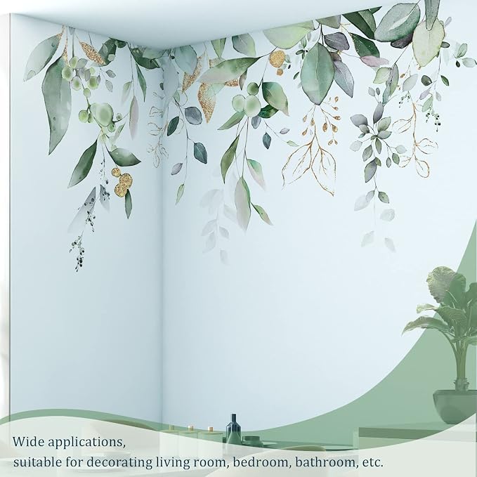 Green Plants Leaves Wall Decals Peel and Stick, Large Hanging Herbal Vinyl Wall Stickers, Removable Vine Home Decor Art for Bedroom Living Room Classroom Office - Image 4