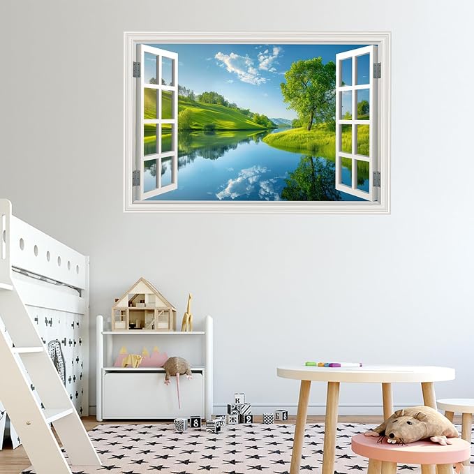 Fake Window Wall Decal- Lake Green Tree Grassland Open Wall Art Sticker | Faux Window Grassy Hills Natural Scenery Landscape Mural｜ Stick and Peel Wall Decals｜for Room Bedroom Office Decor｜24"x16" - Image 4