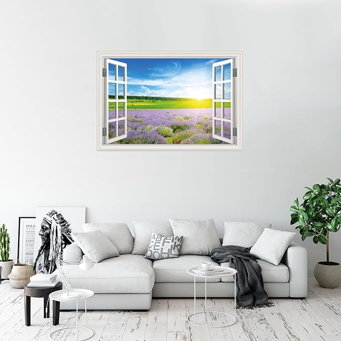 Fake Window Wall Decal- Summer Grassland Lavender Flower Open Wall Sticker | Faux Window Natural Scenery Landscape Mural｜Stick and Peel Wall Decals｜for Room Office Scene Decor｜48"x32",Set of 2 Sheets - Image 6