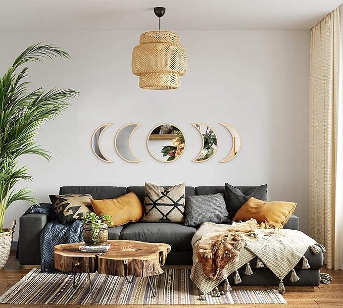 MAXROCK Moon Phase Mirror Set, 5 Piece Scandinavian Natural Decor Wall Decorative Home Decor Bohemian Moon Mirror for Living Room Bedroom, Acrylic Mirror, Not Real Mirror - Image 2