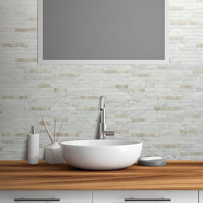 AULIGET 2 Sheets Faux Stone Peel and Stick Backsplash, Beige Stone Look PVC Wall Tile Stick on Backsplash for Kitchen and Bathroom - Image 4