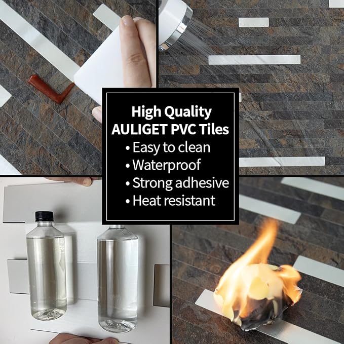 AULIGET 2 Sheets Rust Slate Peel and Stick Backsplash, PVC Mixed Metal Silver Wall Tile Stick on Backsplash for Kitchen and Bathroom - Image 5