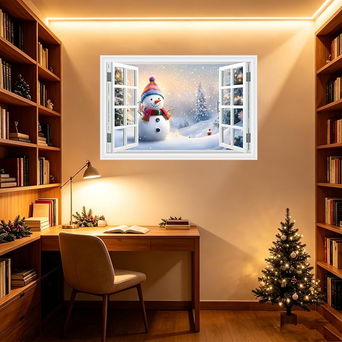 Fake Window Wall Decal - Merry Christmas Snowman Conifer Snow Scene Sticker | ｜Faux Window Merry Christmas Wall Art Mural ｜ Stick and Peel Wall Decals｜for Xmas Room Bedroom Office Picture Decor｜24"x16" - Image 9