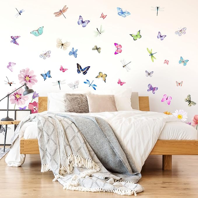 80 Pieces Flowers Butterflies Wall Decals Chrysanthemums Dragonflies Wall Sticker Flowers Peel and Stick Art Removable PVC Garden Decal for Kids Room Nursery Classroom Bedroom Decor, Colorful - Image 7
