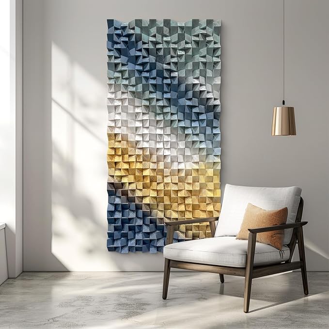 LIUZEYUE Layered Cube Relief, Large 3D Wood Wall Art, Large 3D Decor | textured wood wall art; slate blue and ivory, raised cube relief; living room tall-wall centerpiece; 27.6 x 55.1 in by Unknown