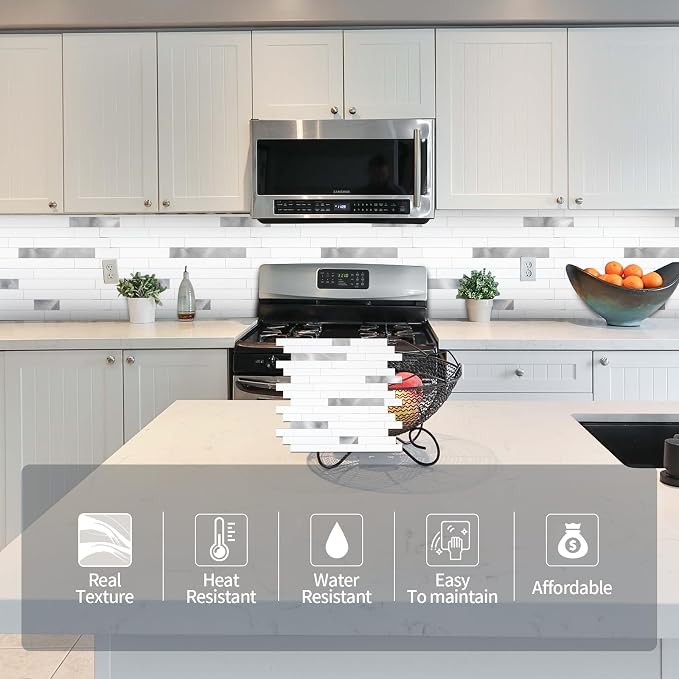 Yipscazo Peel and Stick Stone Metal Backsplash, Stick on Tiles for Backsplash Kitchen (1 Pack, Pure White) - Image 2