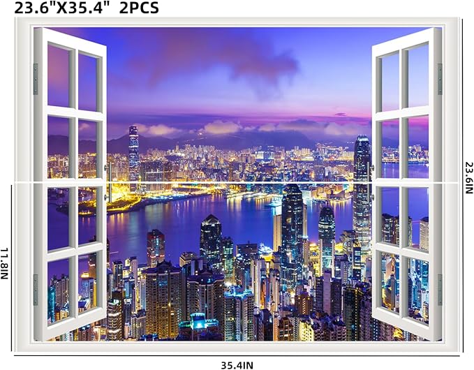 Self-Adhesive Wall Sticker Romantic Living Room Bedroom Study Office Decorative Wall Sticker Ocean Scenery Fake Window Sticker Mural (City Night, 23.6"×35.4") - Image 2