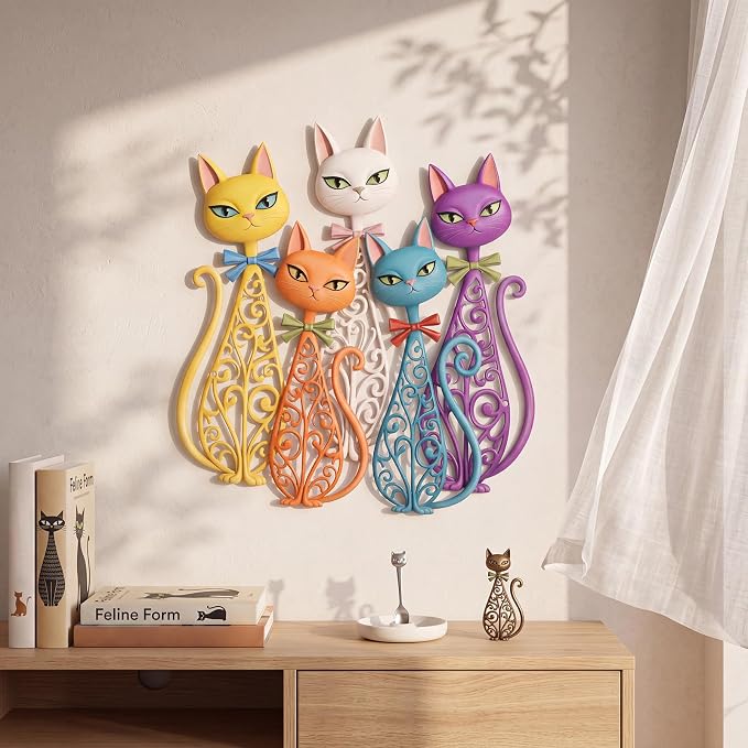 Wesiti 5 Pcs Cat Metal Wall Art, Colorful Retro Mid Century 10.5x11 | Hollow Iron Sculptures for Cat Lovers, Home Living Room Bedroom Kitchen Office Decor, Vintage Artistic Design - Image 3