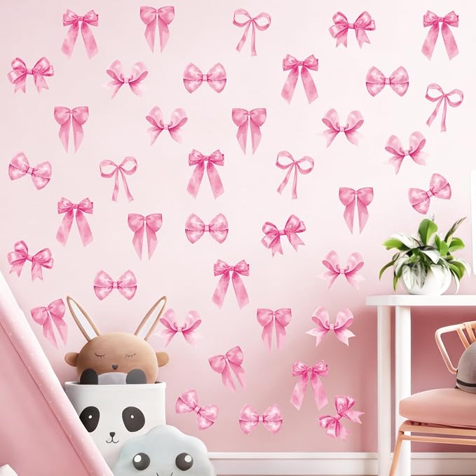 Arawat 8Sheets/48 Pcs Pink Coquette Bow Room Decor for Bathroom Women Bedroom Aesthetic Room Decor Bow wall Decoration for Bedroom Pink Bows wall Stickers Decals Peel and Stick by ARAWAT