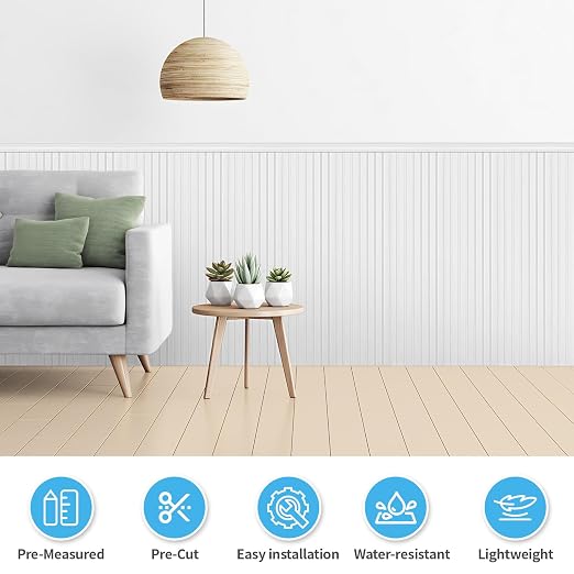 Art3d Beadboard Wainscoting Wall Panel Kit, 37.8 x 9.84 Inch, Matte White | 12-Piece Panels + 4 Edge Trims, 31 Sq.Ft. Coverage, Lightweight, Water-Resistant, Easy to Trim, for Living Room, Bedroom - Image 4