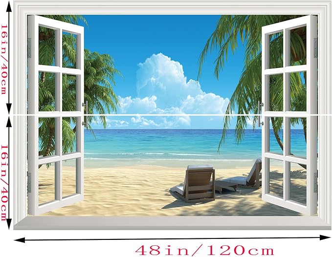 Fake Window Wall Mural Summer Blue Sky White Beach (48"x32") | Peel and Stick Faux Window Wall Sticker Decal Poster for Bedroom Home Decor - Image 4
