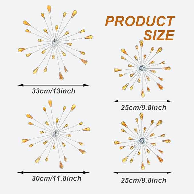 ZEXUIRU 4 Set Silver Starburst Wall Art for Home Decor Metal Bling Crystal Rhinestones Sunburst Wall Decor Sparkling Rhinestone Art Accent -Orange 13in/11.8in/9.8in/9.8in - Image 3