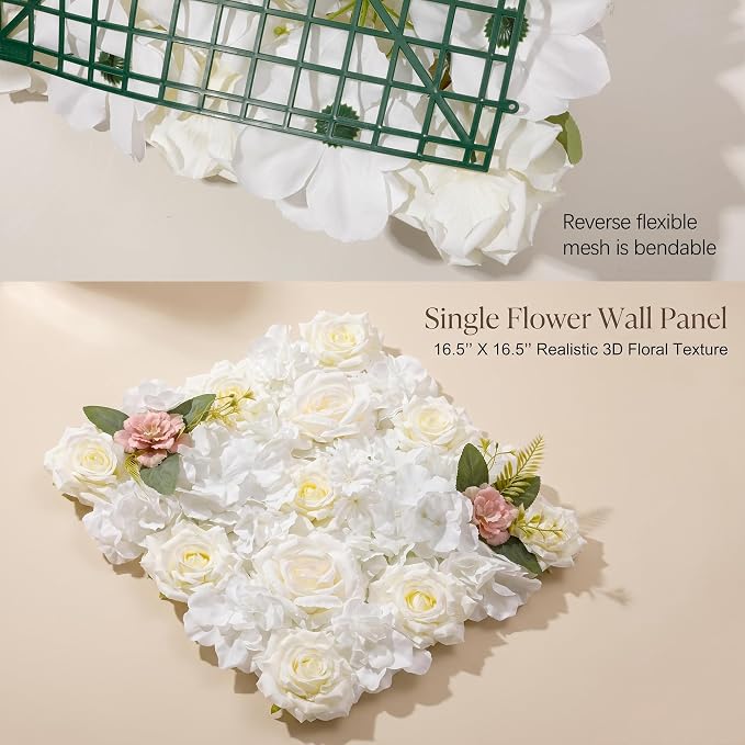 Flower Wall Backdrop, 12 Panels, 16.5x16.5 Inch, Ivory White | 3D design, realistic look, Seamless Design,eco-friendly,easy to assemble,reusable,.Suitable for weddings,Party,home décor - Image 4