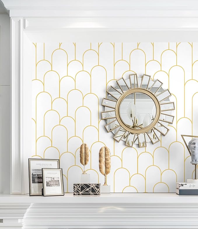 Yasinet Peel and Stick Wallpaper White and Gold Wallpaper Modern Geometric Contact Paper White/Gold Stripe Self Adhesive Wall Paper Decorative for Wall Bedroom 17.3''x393.7'' - Image 4