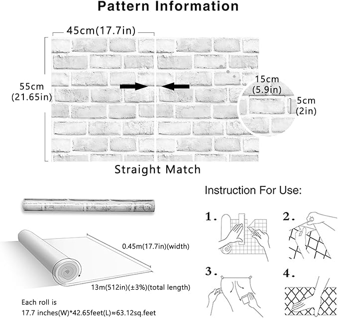 Cohoo Home White Brick Wallpaper Peel and Stick Contact Paper Faux 512”×18” | White Gray Brick Contact Paper for Walls Self Adhesive Removable Wall Covering for Kitchen, Bedroom, Fireplace & Backsplash - Image 5