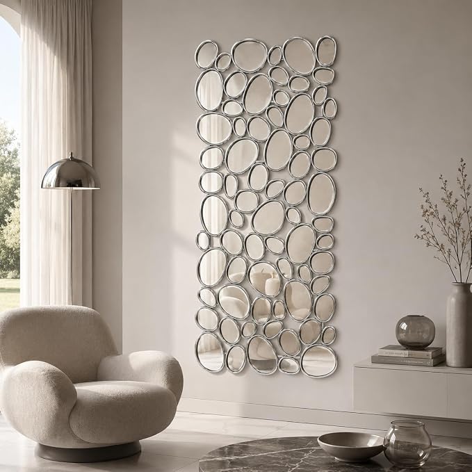Large Wall Mirrors Decorative - 27.5x55 Inch Silver Living Room Mirrors for Wall Decor, 71 Piece Multi-Size Pebble Design Metal Framed Accent Mirror for Entryway Living Room Home Decor by NXHOME