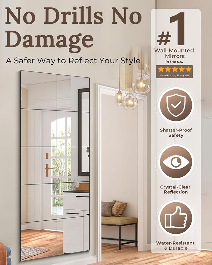20 Pack Peel and Stick Mirror Tiles, 12x12 Inch Shatterproof Flexible Stick on Mirrors for Wall Self-Adhesive Sticker for Bedroom, Door, Bathroom, and Dance Studio Installation - Image 3