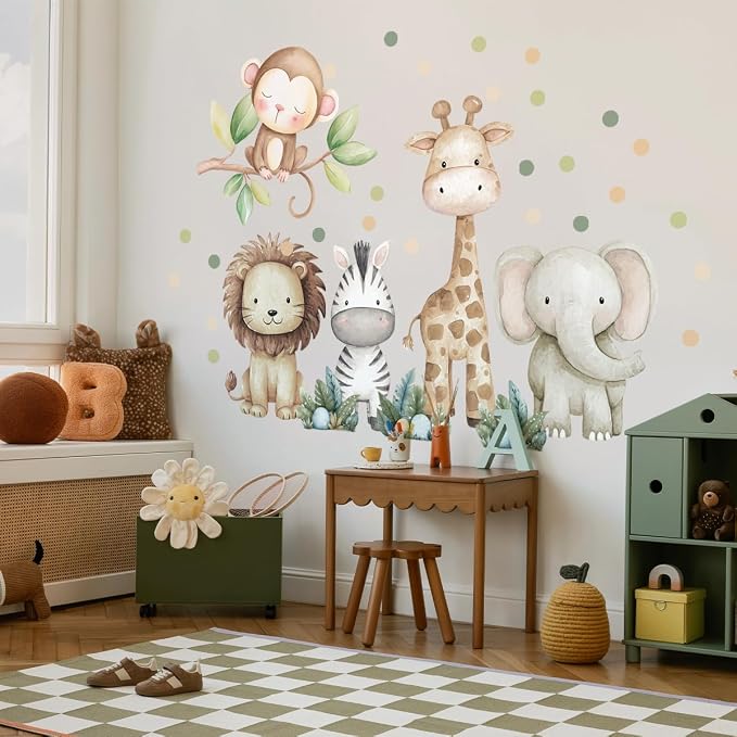 Safari Animals Nursery Wall Decal, Peel and Stick Nursery Mural Jungle Animals Lion, Elephant Wall Stickers for Kids, Boys and Girls Room, Bedroom & Toddler Room Decor (Boho Animal Dot Decals 59) - Image 8