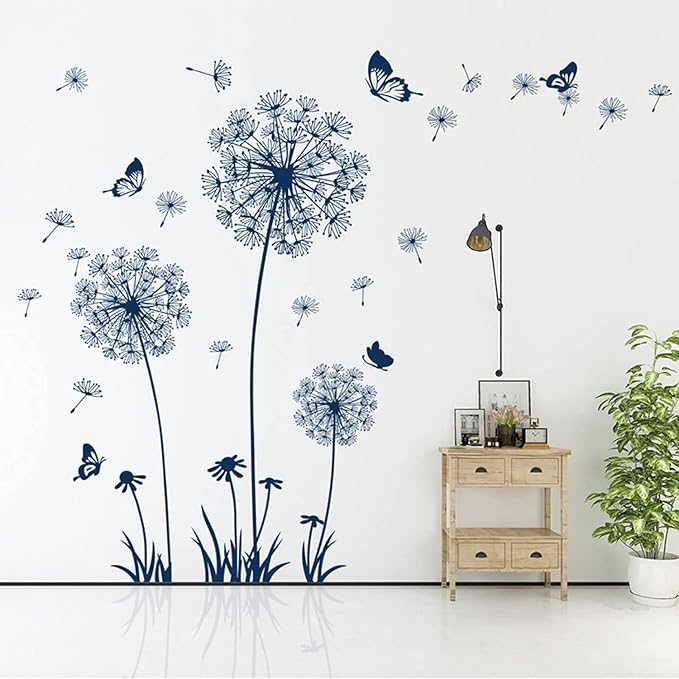 Arawat 2 Set Dandelion Wall Decals Peel and Stick Blue Dandelion Wall Stickers Large Floral Wall Stickers & Murals Flower Wall Decals for Living Room Bedroom Bathroom Restroom Roommates Vinyl Wall Art - Image 5
