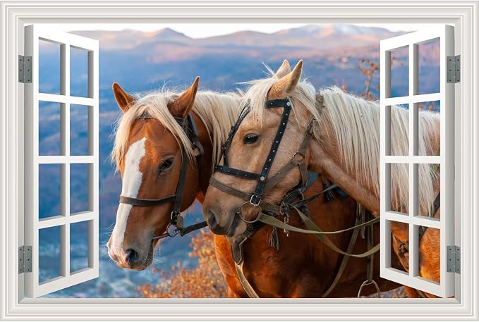 Fake Window Wall Mural -Horse Faux Window Poster Wall Art Decor, Stick and Peel Wallpaper Natural Scenery Decol Horse Ranch Farm Animals Scene （48"x32",Set of 2 Sheets） by Clickhere