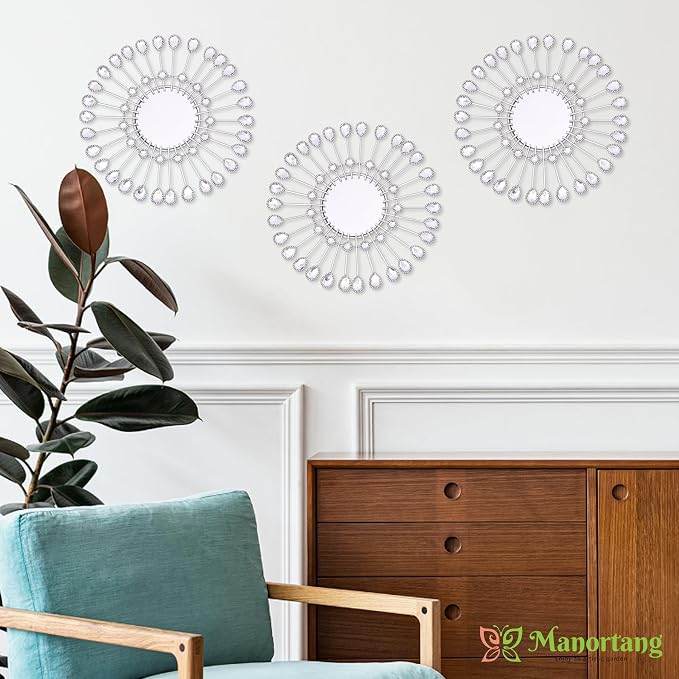 Silver Mirrors 3 Pce, 9 inchSunburst Indoor Mirror Hanging Wall Decorate - Image 3