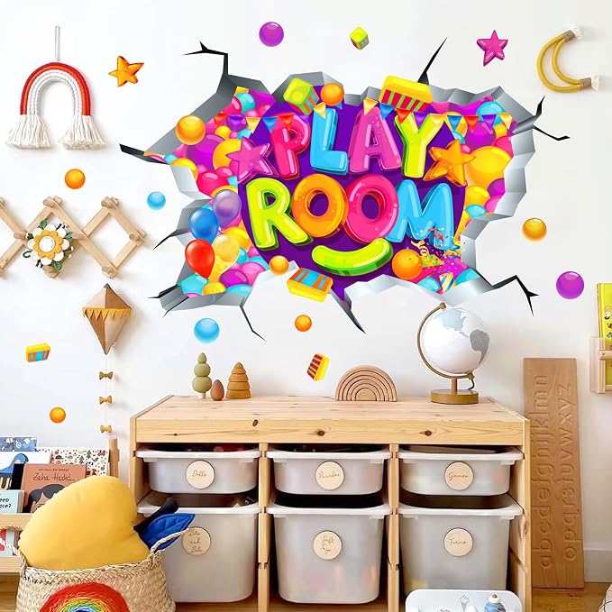 Kids Playroom Wall Decals Colorful 3D Broken Wall Stickers Peel and Stick | Playroom sign, removable vinyl art wall murals, colorful inspirational decoration, for classroom nursery baby bedroom school - Image 2