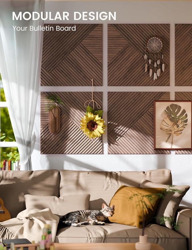 Fluxynara 6-Pack Felt Bulletin Board,Walnut Diamond Chevron-1 | 70.87" x 47.24" Cork Board Alternative, Acoustic Wall Panels with 60 Adhesive Tabs for Recording Studios and Home Offices - Image 5